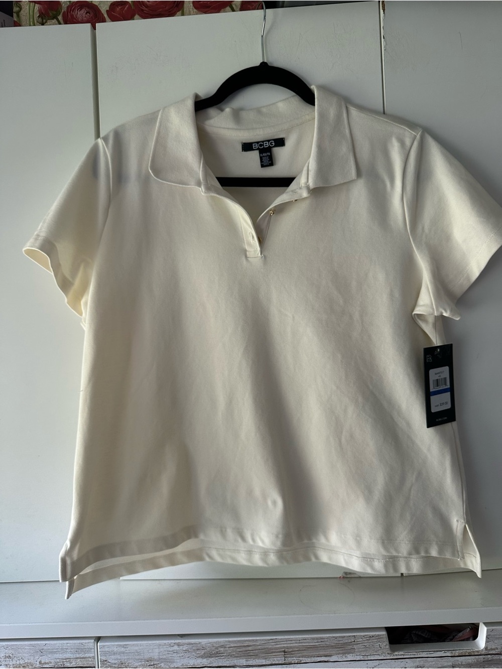 🤍 BCBG Cream Polo Top XL NWT Stretch Cotton Short Sleeve